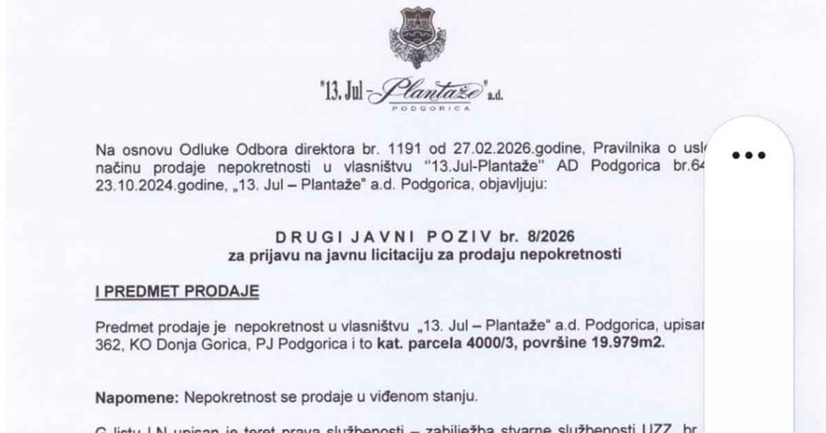 Fotografija uz vijest: "13. jul Plantaže" prodaju zemljište u Kokotima zbog finansijskih gubitaka