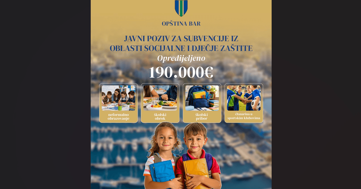 Fotografija uz vijest: Opština Bar raspisala javni poziv za subvencije učenicima osnovnih škola, opredijeljeno 190 hiljada eura