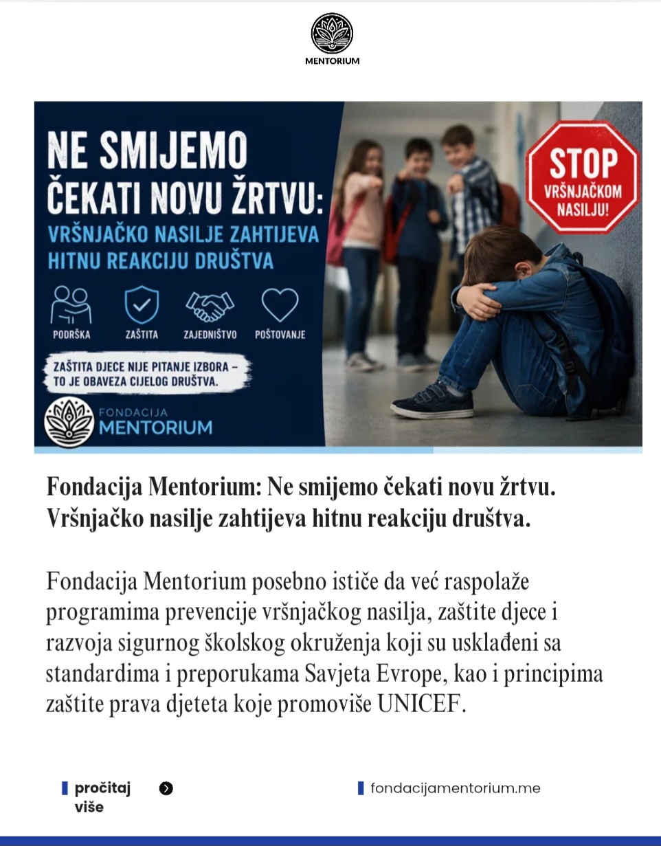 Fotografija uz vijest: Fondacija Mentorium: Hitna reakcija društva neophodna zbog vršnjačkog nasilja