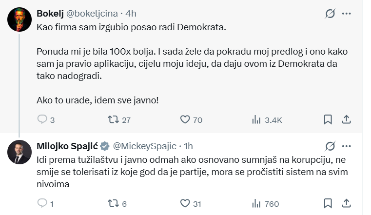 Fotografija uz vijest: Korisnik tvrdi da je izgubio posao zbog Demokrata, Spajić poziva na prijavu korupcije