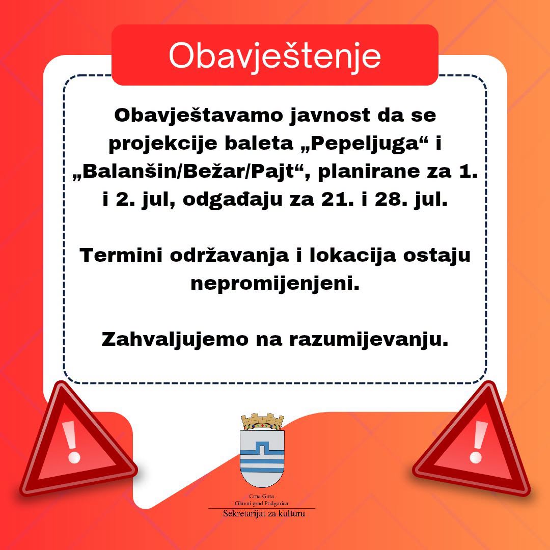 Fotografija uz vijest: Projekcije baleta "Pepeljuga" i "Balanšin/Bežar/Pajt" pomjerene za 21. i 28. jul