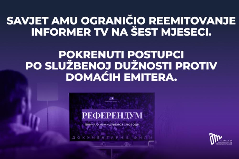Fotografija uz vijest: AMU pokrenula postupke protiv TV Adria i TV Prva zbog emitovanja dokumentarnog filma „Referendum – priča o izmišljenoj slobodi“