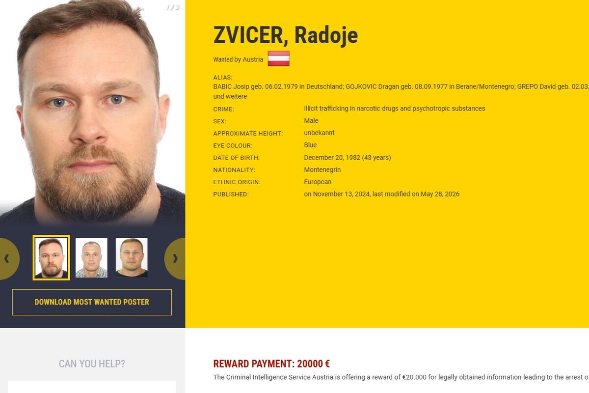 Fotografija uz vijest: Austrija raspisala potjernicu za Radojem Zvicerom i nudi 20.000 eura za informacije