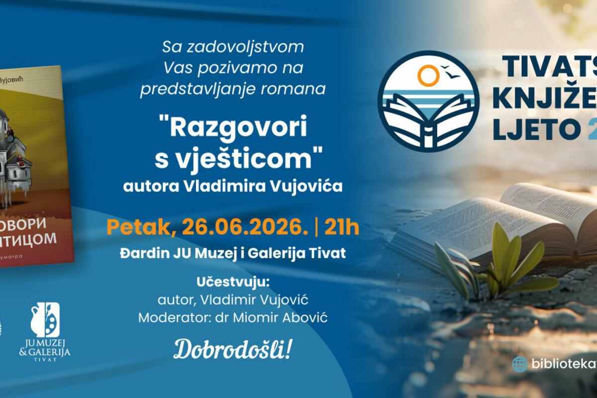 Fotografija uz vijest: Promocija romana Vladimira Vujovića „Razgovori s Vješticom“ na Tivatskom književnom ljetu